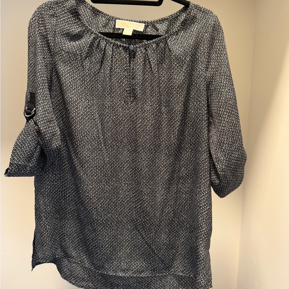 Michael Kors Black & White Micro-Print Button-Neck Blouse